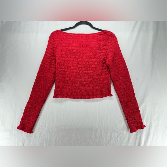 Open Edit Womens Red Smocked Long Sleeve Crop Top Shirt Size M - Picture 2 of 7